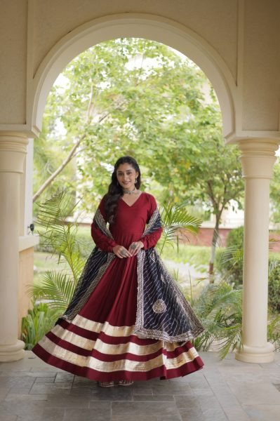 Glamorous Maroon Rayon Gown with Gota Patti and Leheriya Printed Dupatta at Wholesale Rate Ready To Wear Collection