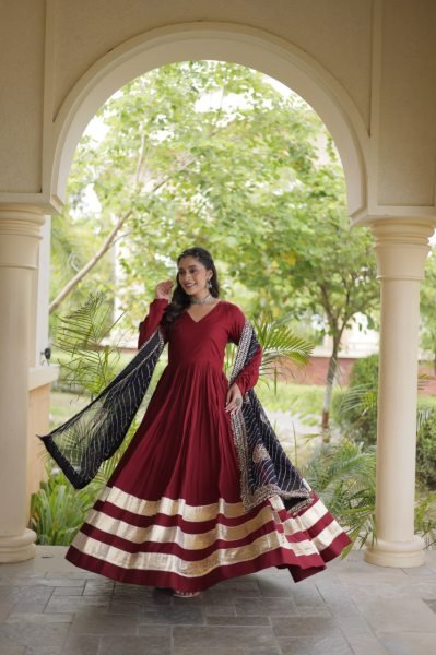 Glamorous Maroon Rayon Gown with Gota Patti and Leheriya Printed Dupatta at Wholesale Rate Ready To Wear Collection