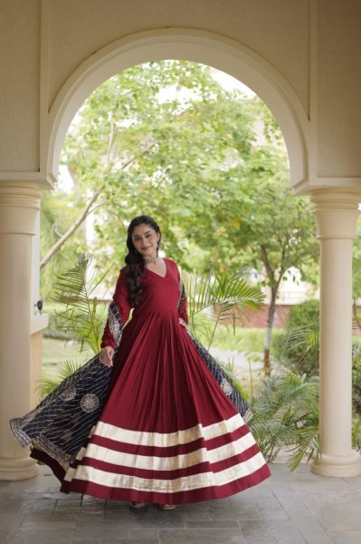 Glamorous Maroon Rayon Gown with Gota Patti and Leheriya Printed Dupatta at Wholesale Rate Ready To Wear Collection