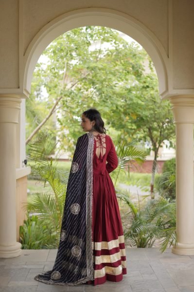 Glamorous Maroon Rayon Gown with Gota Patti and Leheriya Printed Dupatta at Wholesale Rate Ready To Wear Collection