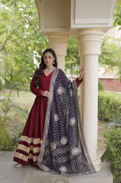 Glamorous Maroon Rayon Gown with Gota Patti and Leheriya Printed Dupatta at Wholesale Rate Ready To Wear Collection
