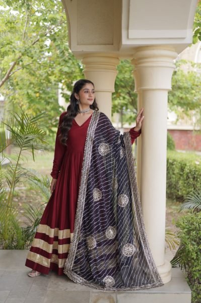 Glamorous Maroon Rayon Gown with Gota Patti and Leheriya Printed Dupatta at Wholesale Rate Ready To Wear Collection