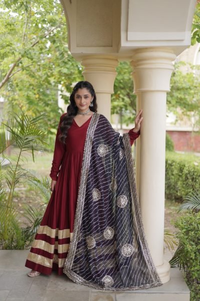 Glamorous Maroon Rayon Gown with Gota Patti and Leheriya Printed Dupatta at Wholesale Rate Ready To Wear Collection
