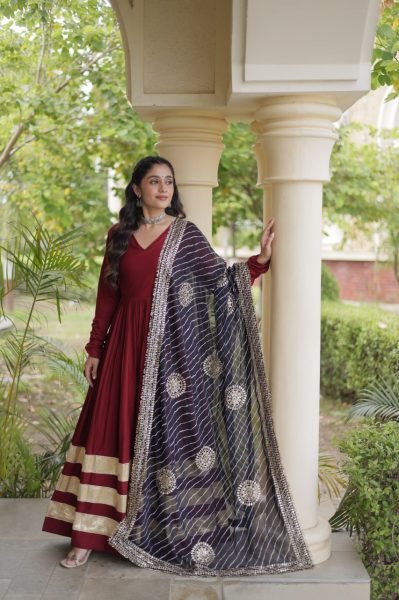 Glamorous Maroon Rayon Gown with Gota Patti and Leheriya Printed Dupatta at Wholesale Rate Ready To Wear Collection