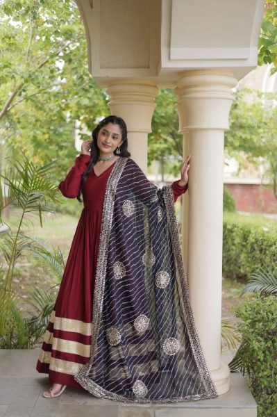 Glamorous Maroon Rayon Gown with Gota Patti and Leheriya Printed Dupatta at Wholesale Rate Ready To Wear Collection
