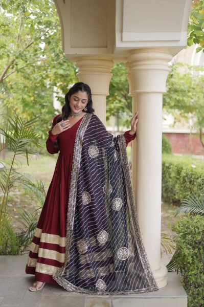 Glamorous Maroon Rayon Gown with Gota Patti and Leheriya Printed Dupatta at Wholesale Rate Ready To Wear Collection