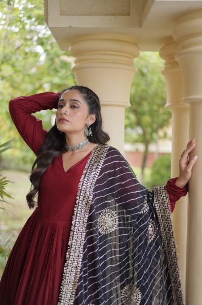 Glamorous Maroon Rayon Gown with Gota Patti and Leheriya Printed Dupatta at Wholesale Rate Ready To Wear Collection
