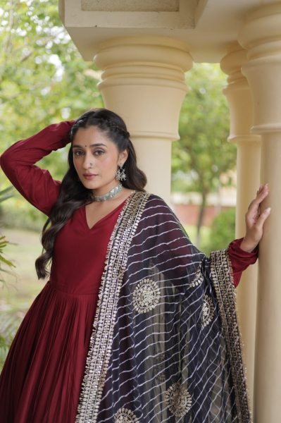 Glamorous Maroon Rayon Gown with Gota Patti and Leheriya Printed Dupatta at Wholesale Rate Ready To Wear Collection