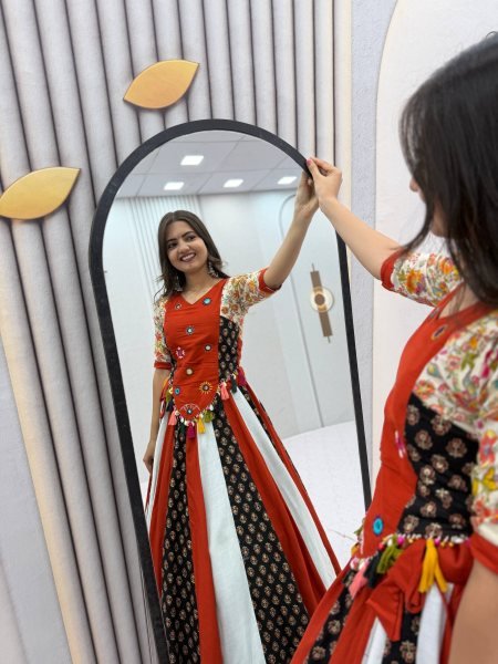 Glamorous Multi Color Navratri Pure Cotton Kediyu Lehenga Set with Real Hand Work Navratri Lehnega Choli