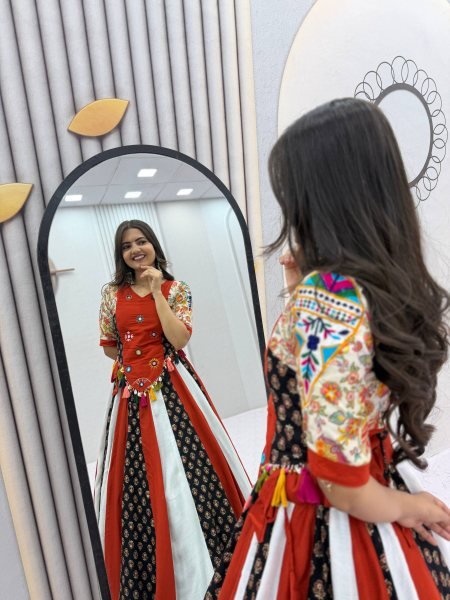 Glamorous Multi Color Navratri Pure Cotton Kediyu Lehenga Set with Real Hand Work Navratri Lehnega Choli