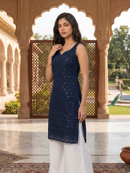 Glamorous Navy Blue Schiffli Rayon Long Kurti for Women Daily and Festive Wear Kurtis