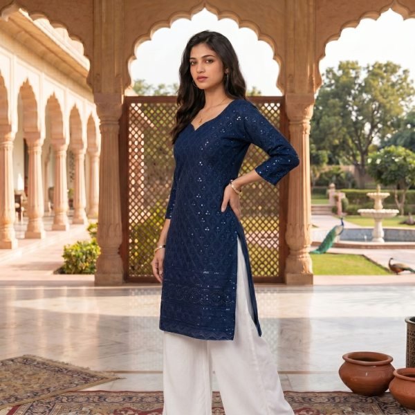 Glamorous Navy Blue Schiffli Rayon Long Kurti for Women Daily and Festive Wear Kurti With Bottom Wholesale