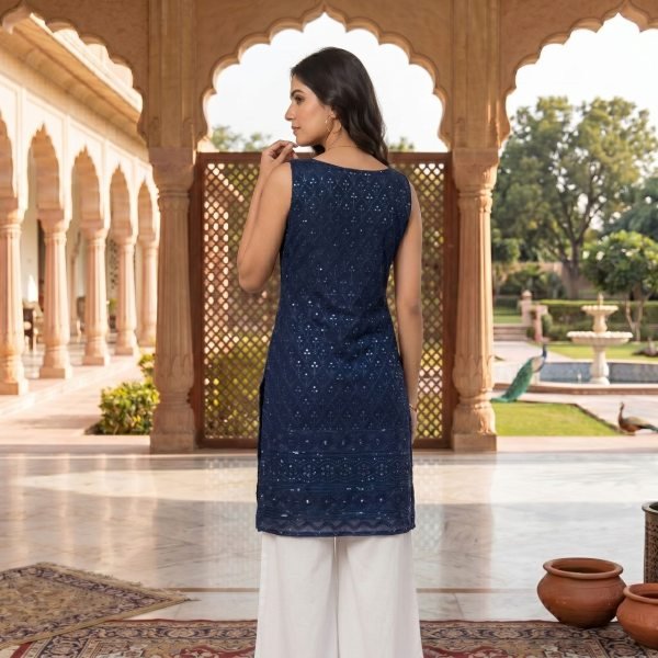 Glamorous Navy Blue Schiffli Rayon Long Kurti for Women Daily and Festive Wear Kurti With Bottom Wholesale