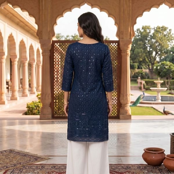 Glamorous Navy Blue Schiffli Rayon Long Kurti for Women Daily and Festive Wear Kurti With Bottom Wholesale