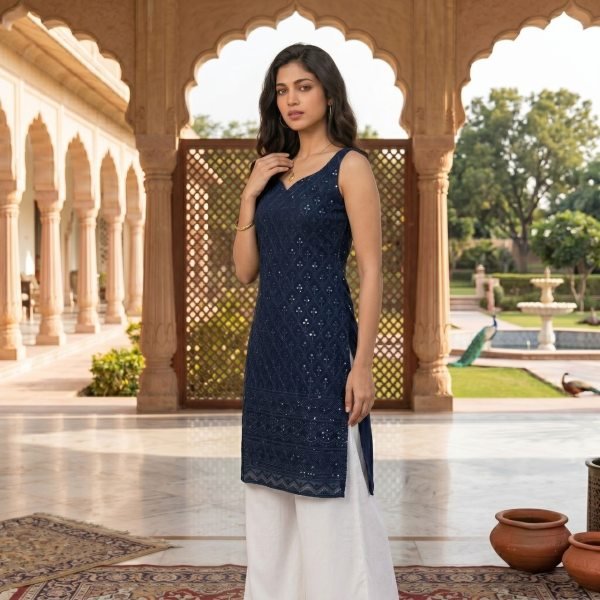 Glamorous Navy Blue Schiffli Rayon Long Kurti for Women Daily and Festive Wear Kurti With Bottom Wholesale