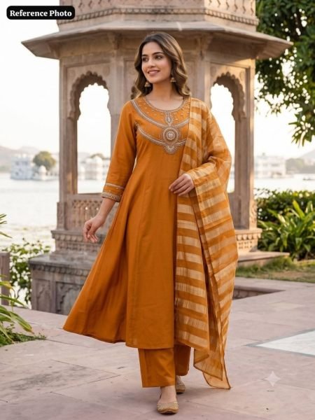 Glamorous Ochre Mul Chanderi A-Line Kurti Set with Kasab Zari Dupatta for Festival Kurtis