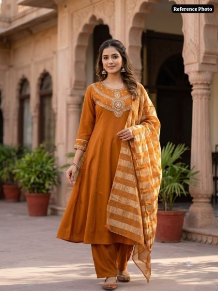 Glamorous Ochre Mul Chanderi A-Line Kurti Set with Kasab Zari Dupatta for Festival Anarkali Kurtis 