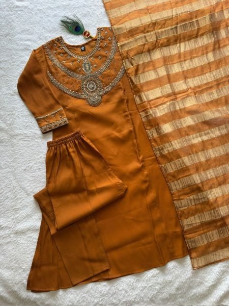 Glamorous Ochre Mul Chanderi A-Line Kurti Set with Kasab Zari Dupatta for Festival Anarkali Kurtis 