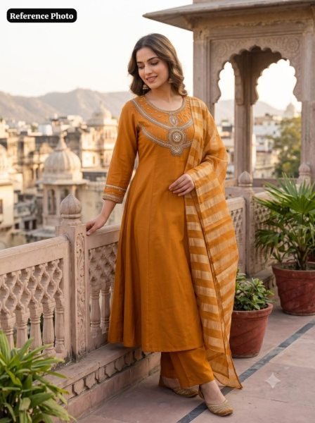 Glamorous Ochre Mul Chanderi A-Line Kurti Set with Kasab Zari Dupatta for Festival Anarkali Kurtis 