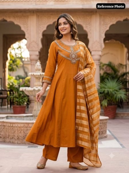 Glamorous Ochre Mul Chanderi A-Line Kurti Set with Kasab Zari Dupatta for Festival Anarkali Kurtis 