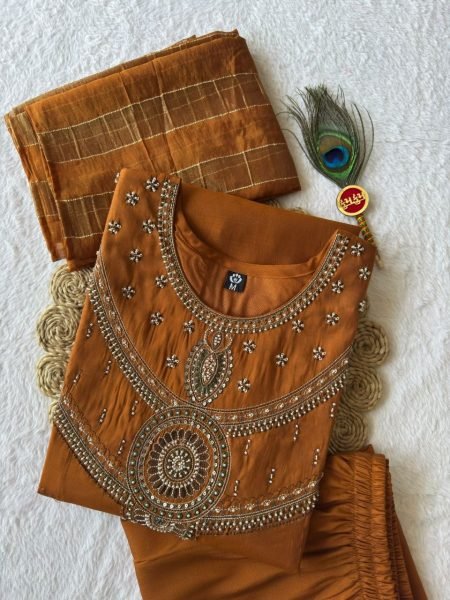 Glamorous Ochre Mul Chanderi A-Line Kurti Set with Kasab Zari Dupatta for Festival Anarkali Kurtis 