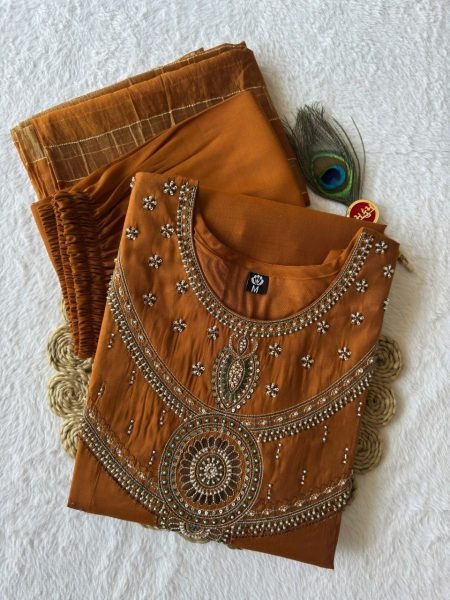 Glamorous Ochre Mul Chanderi A-Line Kurti Set with Kasab Zari Dupatta for Festival Anarkali Kurtis 