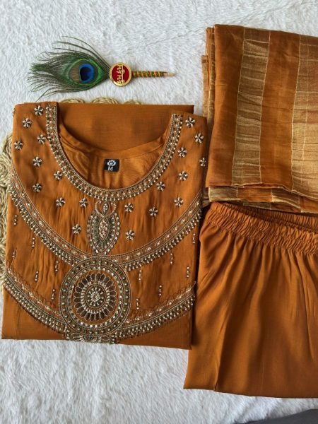 Glamorous Ochre Mul Chanderi A-Line Kurti Set with Kasab Zari Dupatta for Festival Anarkali Kurtis 