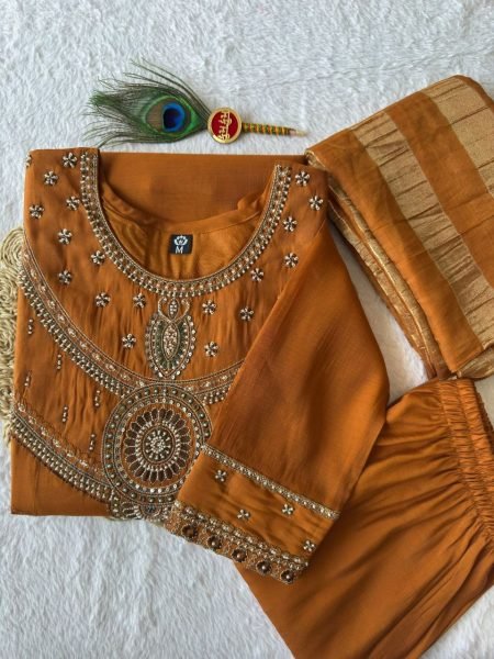 Glamorous Ochre Mul Chanderi A-Line Kurti Set with Kasab Zari Dupatta for Festival Anarkali Kurtis 