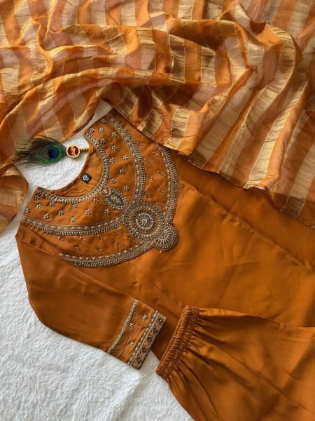 Glamorous Ochre Mul Chanderi A-Line Kurti Set with Kasab Zari Dupatta for Festival Anarkali Kurtis 