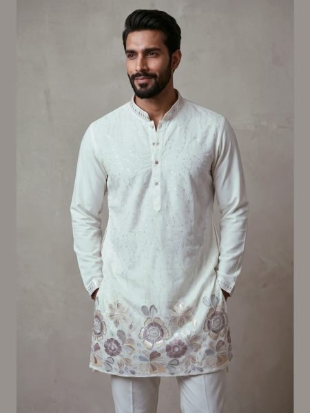 Glamorous OffWhite Men’s Semi Lachko Kurta Pyjama Set For Fesival Wear 
