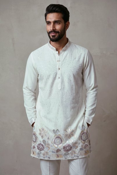 Glamorous OffWhite Men’s Semi Lachko Kurta Pyjama Set For Fesival Wear Kurta Pajama Wholesale