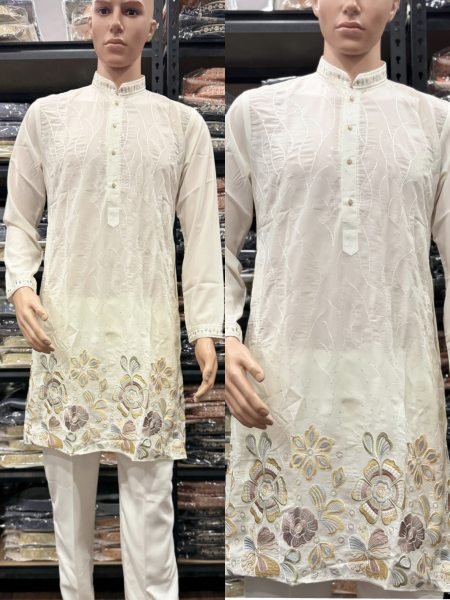 Glamorous OffWhite Men’s Semi Lachko Kurta Pyjama Set For Fesival Wear Kurta Pajama Wholesale