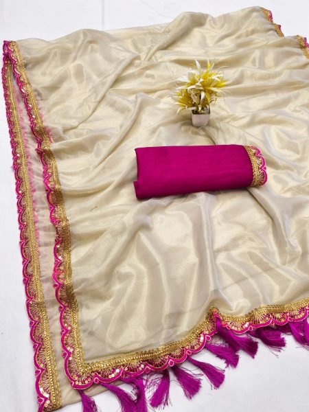 Glamorous OffWhite Twill Tissue Saree with Designer Lace and Banglori Silk Blouse  Net Sarees Wholesale