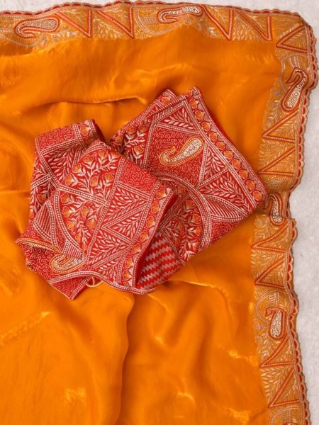 Glamorous Orange Designer Fendy Satin Silk Saree with Jharkhand Work Border 