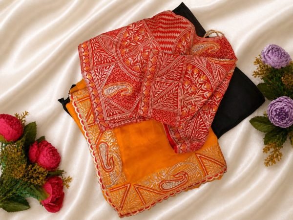 Glamorous Orange Designer Fendy Satin Silk Saree with Jharkhand Work Border Designer Wedding Sarees Wholesale