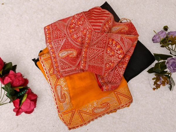 Glamorous Orange Designer Fendy Satin Silk Saree with Jharkhand Work Border Designer Wedding Sarees Wholesale