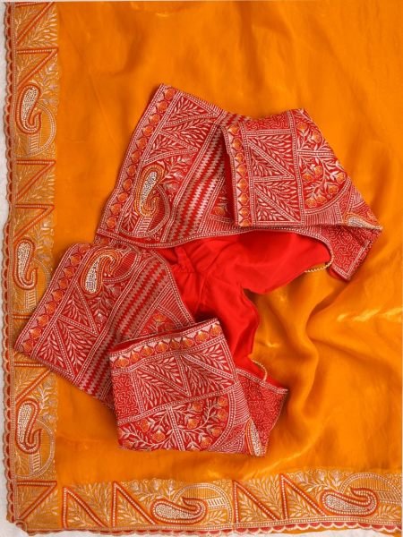 Glamorous Orange Designer Fendy Satin Silk Saree with Jharkhand Work Border Designer Wedding Sarees Wholesale