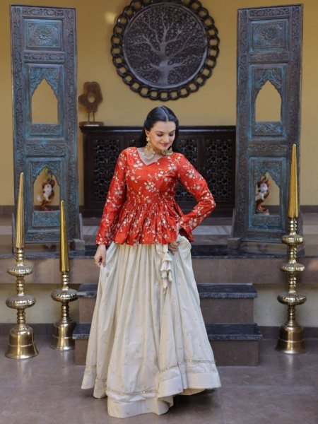 Glamorous Orange Embroidered Lehenga with Designer Blouse for Women  Lehenga