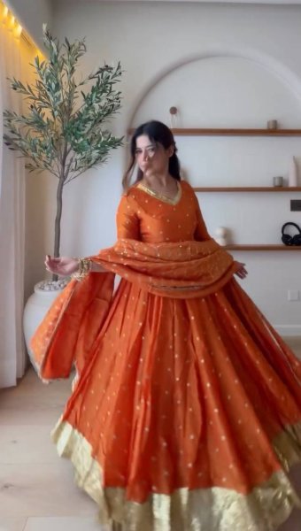 Glamorous Orange Heavy Vichitra Silk Anarkali Lehenga Set with Thread Sequin Work at Mill Price Ready To Wear Collection