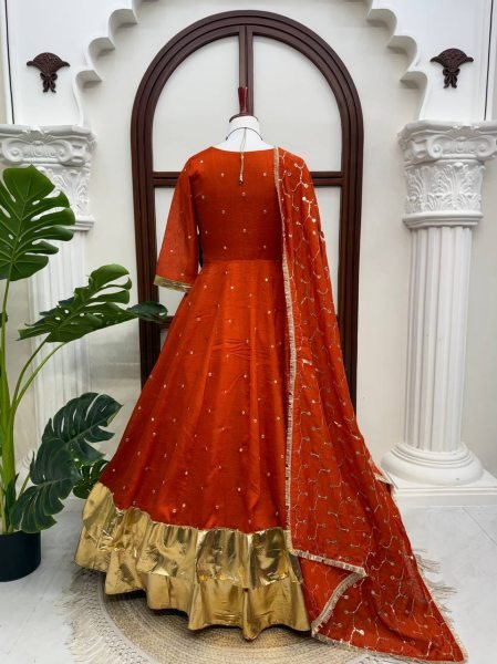 Glamorous Orange Heavy Vichitra Silk Anarkali Lehenga Set with Thread Sequin Work at Mill Price Ready To Wear Collection