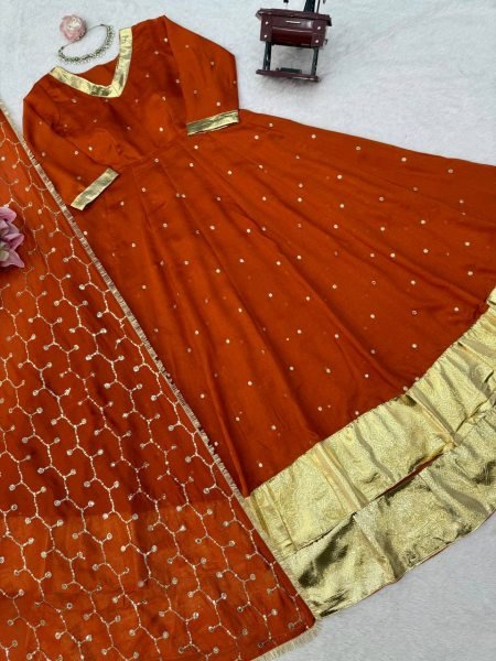 Glamorous Orange Heavy Vichitra Silk Anarkali Lehenga Set with Thread Sequin Work at Mill Price Ready To Wear Collection
