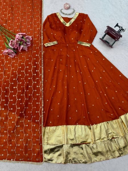 Glamorous Orange Heavy Vichitra Silk Anarkali Lehenga Set with Thread Sequin Work at Mill Price Ready To Wear Collection