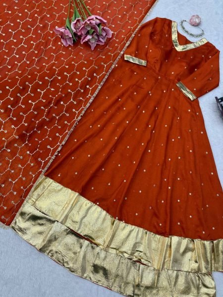 Glamorous Orange Heavy Vichitra Silk Anarkali Lehenga Set with Thread Sequin Work at Mill Price Ready To Wear Collection