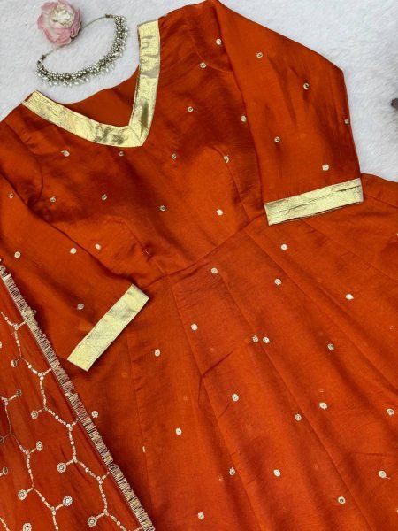 Glamorous Orange Heavy Vichitra Silk Anarkali Lehenga Set with Thread Sequin Work at Mill Price Ready To Wear Collection