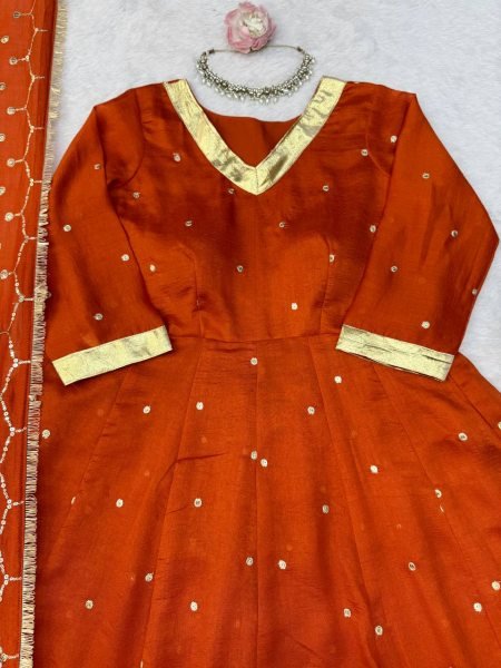 Glamorous Orange Heavy Vichitra Silk Anarkali Lehenga Set with Thread Sequin Work at Mill Price Ready To Wear Collection
