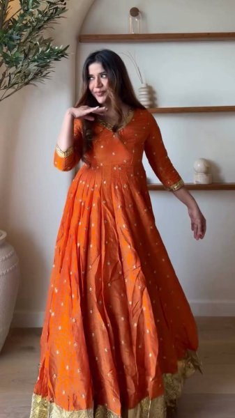 Glamorous Orange Heavy Vichitra Silk Anarkali Lehenga Set with Thread Sequin Work at Mill Price Ready To Wear Collection