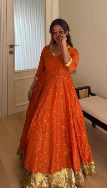 Glamorous Orange Heavy Vichitra Silk Anarkali Lehenga Set with Thread Sequin Work at Mill Price Ready To Wear Collection
