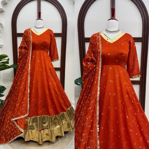 Glamorous Orange Heavy Vichitra Silk Anarkali Lehenga Set with Thread Sequin Work at Mill Price Ready To Wear Collection