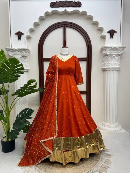 Glamorous Orange Heavy Vichitra Silk Anarkali Lehenga Set with Thread Sequin Work at Mill Price Ready To Wear Collection