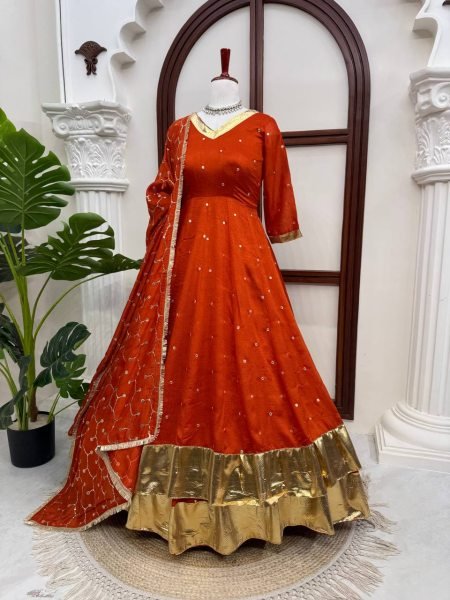 Glamorous Orange Heavy Vichitra Silk Anarkali Lehenga Set with Thread Sequin Work at Mill Price Ready To Wear Collection